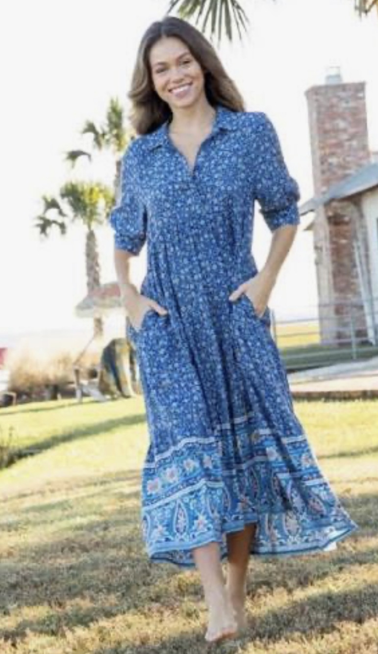 Blue Floral Midi Dress with Border Print